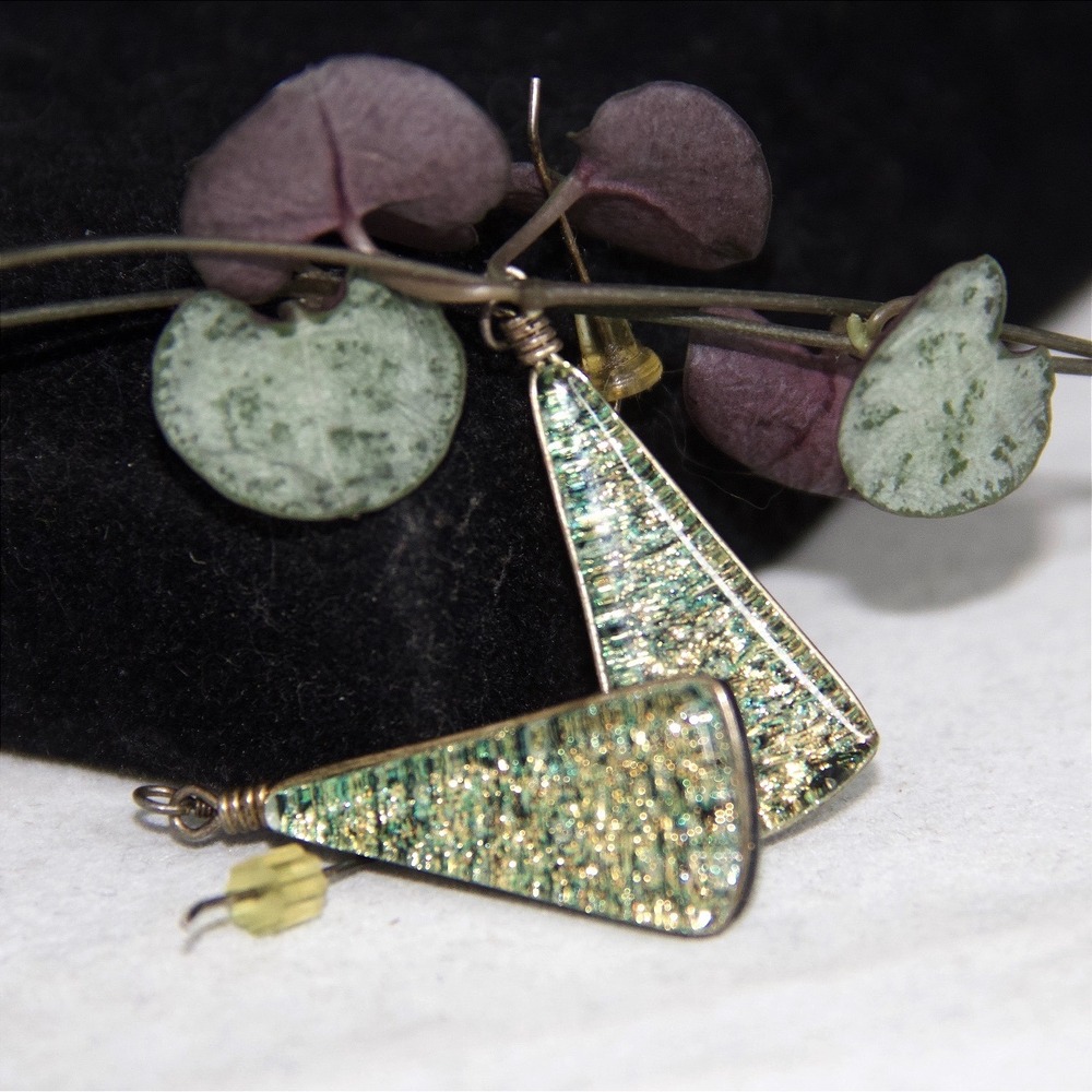 Dichroic Glass Green Gold Sterling Silver Triangular Wrapped Wire Drop Earrings